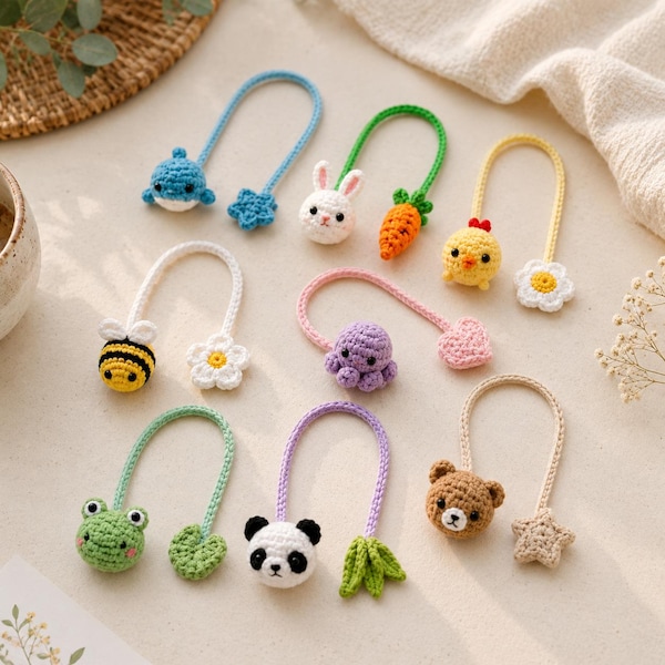 Marcapáginas de animales de ganchillo hecho a mano / Marcapáginas de amigurumi adorable / Marcapáginas de rana, panda, conejo, abeja, oso, pollito, pulpo, ballena / Regalo