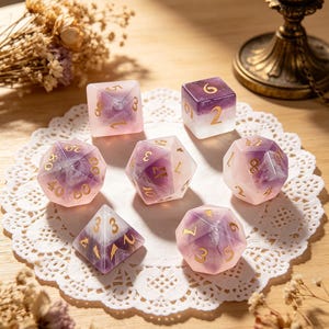 Amethyst Rose Quartz Polyhedral Dice Set, Hand Polished Gemstone RPG Dice