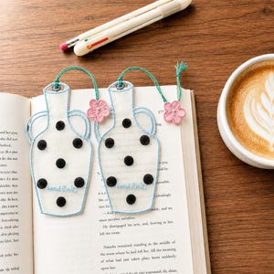 Handmade Sheer Fabric Embroidered Bookmark, Black Polka Dot Vase Book Mark with Pink Flower Tassel