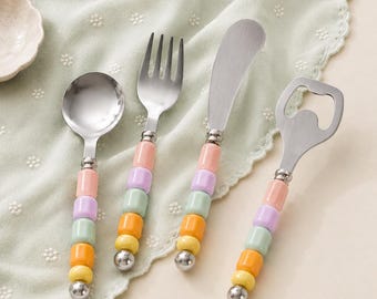 4-Piece Stainless Steel Cutlery Set | Pastel Beaded Handles, Western Dessert Spoons
