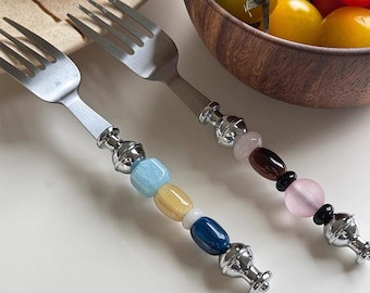 Beaded Handle Stainless Steel Fork Spoon Set, 304 Stainless Cutlery, Colorful Bead Utensils, Cute Tableware, Housewarming Gift