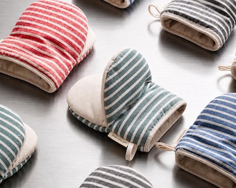 Striped Cotton Linen Oven Mitts, Heat Resistant Baking Glove, Minimalist Kitchen Accessory