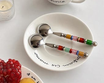 Vintage Stainless Steel Coffee Spoon, Colorful Natural Bead Handle, Dessert Spoon, Decorative Tableware for Home Kitchen