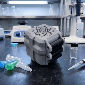 May include: A grey, cube-shaped storage container with black side latches and a black atom symbol printed on the top lid. The container is surrounded by several small, clear plastic microcentrifuge tubes with blue and green caps, and a glass vial.