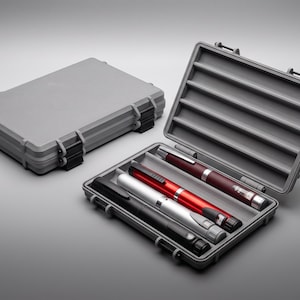 May include: Two rectangular grey hard-shell cases with black latches. One case is closed, while the other is open, revealing three cylindrical pens in black, silver, and red, resting in moulded slots within the interior of the case.