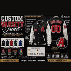 May include: A black and white varsity jacket with red accents, featuring customizable text and number options. The design includes a large letter patch on the chest and back, with white sleeves, a button-front closure, and striped ribbed trim on the collar, cuffs, and hem.