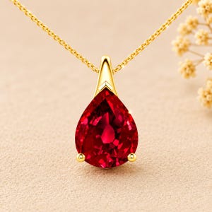 Pear Shape Ruby Necklace, 14K Gold Vintage Teardrop Pendant, July Birthstone Solitaire Jewelry, Dainty Wedding Necklace, Birthday Gifts Her