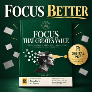 Pode incluir: Uma capa de livro verde-escura intitulada FOCUS THAT CREATES VALUE com o subtítulo THE ESSENTIAL IDEAS OF DEEP WORK BY CAL NEWPORT, EXPLAINED AND MADE PRACTICAL. Apresenta uma ilustração de perfil de uma cabeça com quadrados flutuantes.