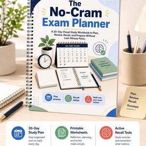 The No-Cram Exam Planner, Printable Study Planner PDF, 30-Day Exam Revision Workbook, Active Recall Study Guide, Student Planner Digital Dow