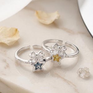 Y2K Korean Style Star Bow Ring, S925 Sterling Silver Blue Yellow Gemstone Adjustable Ring, Coquette Aesthetic Jewelry, Matching Bestie Gift