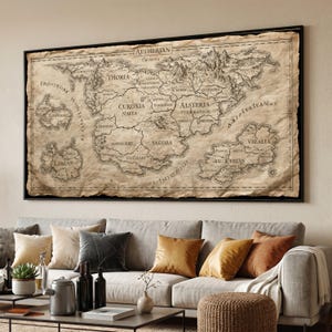 May include: A large rectangular wall art piece featuring a detailed fantasy map titled Aetherian. The map is rendered in sepia tones on aged parchment paper with black ink lines, depicting various labeled continents, mountain ranges, and oceans.