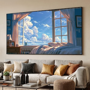 May include: A rectangular wall art print featuring an anime-style bedroom interior with an open window overlooking a bright blue sky filled with large white cumulus clouds. Light curtains frame the window, and a bed with rumpled bedding is visible.