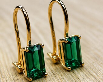 Emerald Cut Lab Grown Emerald Stud Earrings, 925 Sterling Silver Tops