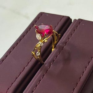 Hexagonal Ruby Ring, Sterling Silver, Marquise Side Stones, Leaf Design