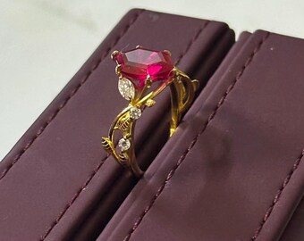 Hexagonal Ruby Ring, Sterling Silver, Marquise Side Stones, Leaf Design