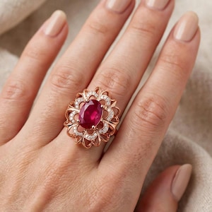 May include: A rose gold ring featuring a large, oval-cut deep red gemstone at the center, surrounded by a decorative, scalloped metal frame accented with small, clear, round-cut stones embedded along the intricate, petal-like metalwork.