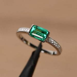 Emerald Octagon Cut Sterling Silver Ring, Modern Engagement Wedding Piece