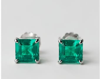 Square Cut Emerald Stud Earrings, 6x6mm Lab Grown Green Gemstone, 925 Sterling Silver