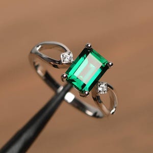 Emerald Octagon Cut Sterling Silver Ring, Modern Engagement Wedding Piece