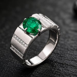 Oval Green Emerald Sterling Silver Ring, Brushed Band, Modern Statement Piece