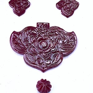 Hand-Carved Jade Floral Pendant Set | Red Pink Gemstone Carvings | Mughal Style Accents