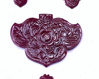 Hand-Carved Jade Floral Pendant Set | Red Pink Gemstone Carvings | Mughal Style Accents