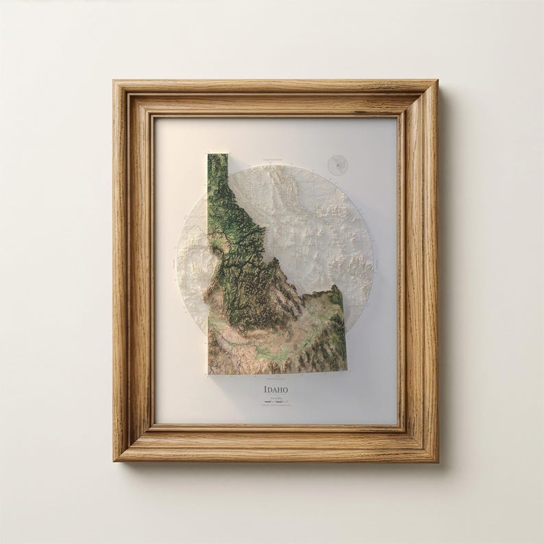 Idaho Shaded Relief Map: Satellite Imagery over Real Elevation Data, Natural Color Terrain Print image 5
