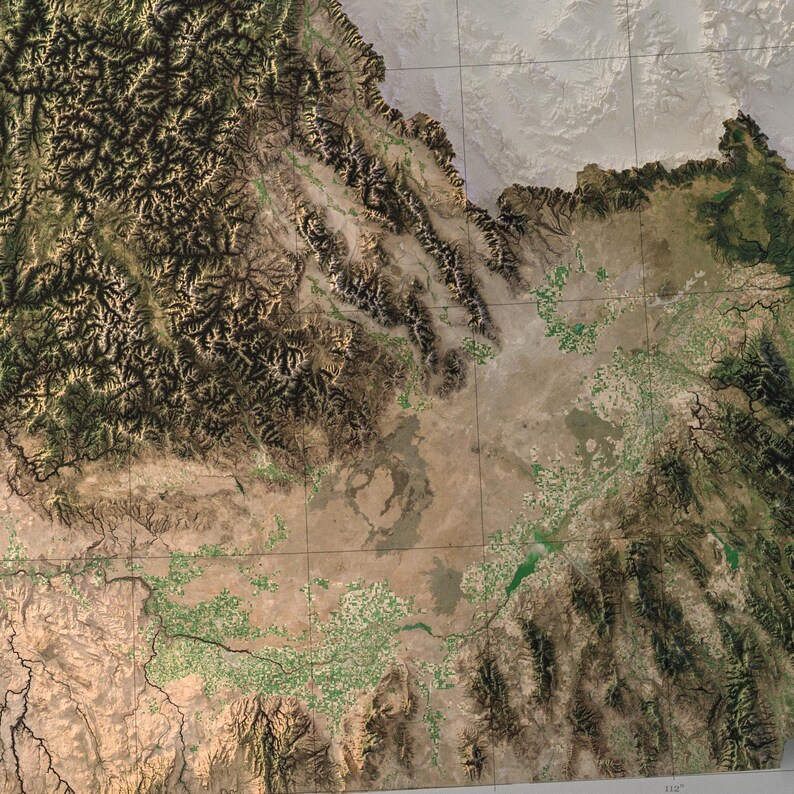 Idaho Shaded Relief Map: Satellite Imagery over Real Elevation Data, Natural Color Terrain Print image 3