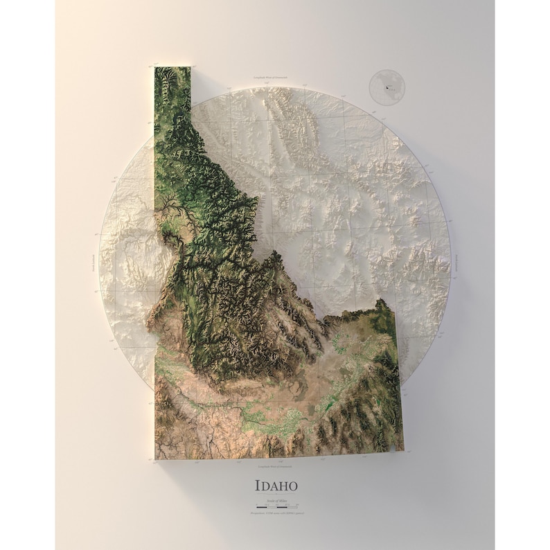 Idaho Shaded Relief Map: Satellite Imagery over Real Elevation Data, Natural Color Terrain Print image 1