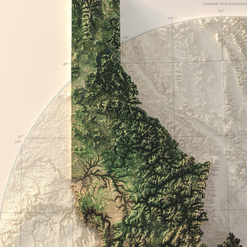 Idaho Shaded Relief Map: Satellite Imagery over Real Elevation Data, Natural Color Terrain Print image 2