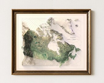 Canada Terrain Map, Natural Color Relief Print from Real Elevation and Satellite Data, Topographic Wall Art