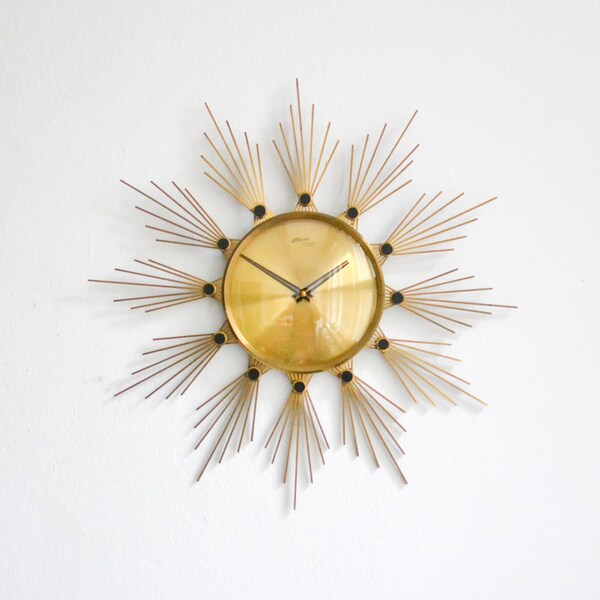 Brass starburst clock, 60s sunburst wall clock, German Atlanta clock, 60s brass wall clock