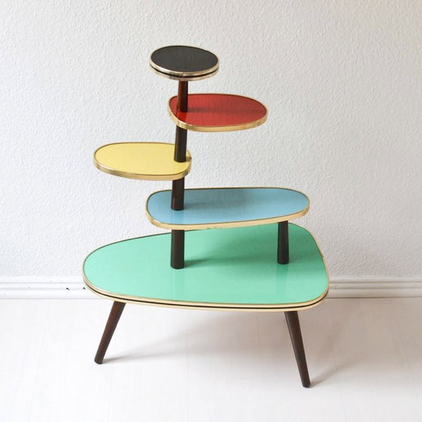 Vintage German flower table bench plant stand Mid Century modern wood candy colors formica 60s