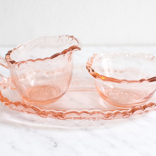 Pink pink glassware, pink glass plate, pink glass sugar container, glass bowl, depression glass pink, depression glass plate