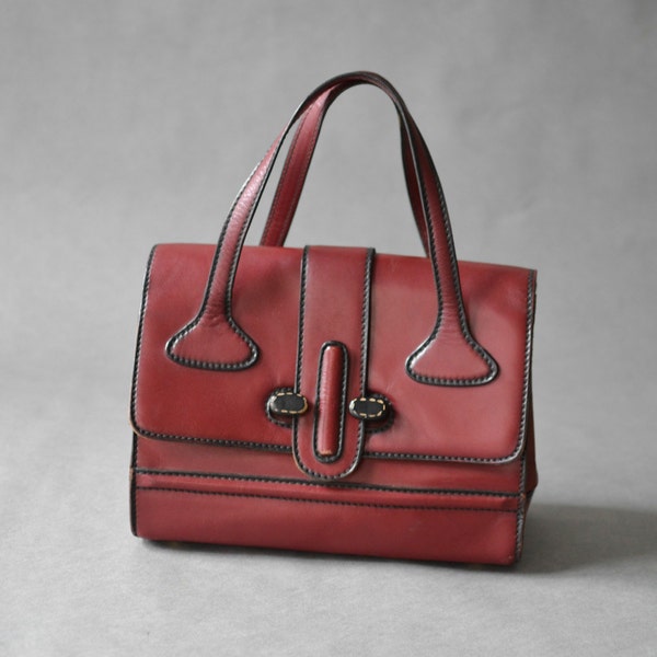 Vintage leather hand bag, oxblood purse, burgundy leather bag, marsala red purse, 70s leather purse, red leather bag,  Ref: 648