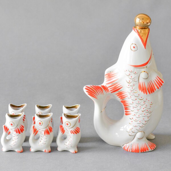 RESERVED Vintage liquor bottle, spirits decanter, porcelain decanter, Russian bar shooters, whimsical quirky entertaining 60s