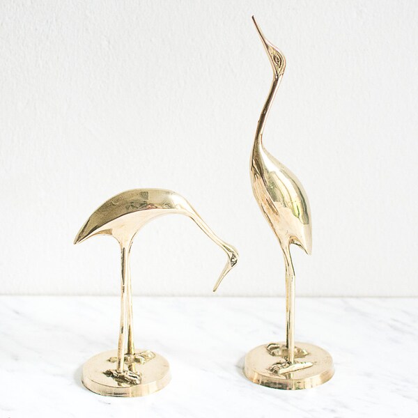 Brass crane figurines, vintage brass heron, brass cranes, 60s brass decoration, Crane figurine brass