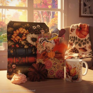 May include: A rectangular pouch with a floral and book spine print, a gift bag decorated with autumn motifs and a pumpkin accent, a rose-shaped candle, a dark leaf-shaped ornament, and a white mug featuring a colorful fall leaf design.