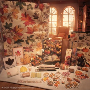 Può includere: Una collezione di articoli di cancelleria e accessori a tema autunnale che include una grande borsa con foglie d'acero, un quaderno a spirale con illustrazione di zucca e libro, vari adesivi, nastro adesivo, penne e una piccola scheda.