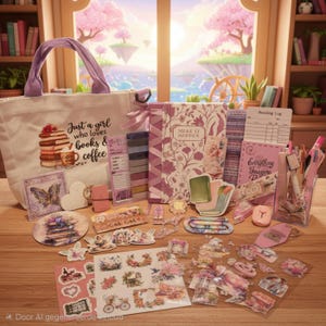 Op de afbeelding: Een canvas tas met de tekst Just a girl who loves books & coffee, een bloemrijk dagboek met de tekst MAKE IT HAPPEN, een leeslogboek, briefpapier, pennen in een houder en diverse bloemen- en feeënstickers op een houten ondergrond.