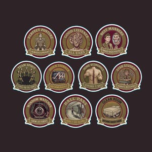 May include: A set of ten circular stickers featuring dark, surreal illustrations with text. Designs include a person in a chair, a head made of ears, a smiling face in a mirror, a group chant, a person in a suitcase, a stitched back, a student with eyes, a large eye, a hallway figure, and a bed.