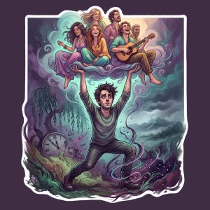 May include: A sticker illustration featuring a person in a grey shirt and dark pants lifting a purple cloud with five people sitting on it. One person on the cloud plays an acoustic guitar. A broken clock and a willow tree are in the background.