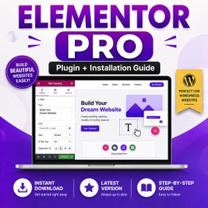 Könnte beinhalten: Eine digitale Grafik für Elementor Pro mit einem Laptop-Bildschirm, der eine Website-Builder-Oberfläche zeigt. Der Text umfasst Elementor Pro, Plugin + Installation Guide, Build Beautiful Websites Easily und Perfect for WordPress Websites.