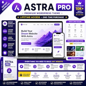 May include: A digital marketing graphic for Astra Pro premium WordPress theme featuring a laptop and smartphone displaying website templates, purple and white color scheme, text detailing features like lifetime access, drag and drop builder, and support.