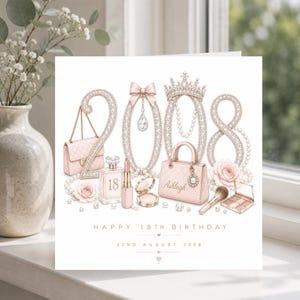 May include: A square greeting card featuring the year 2008 rendered in sparkling rose gold numbers. The design includes illustrations of a handbag, perfume bottle with the number 18, lipstick, compact, crown, and pearls. Text reads HAPPY 18TH BIRTHDAY 22ND AUGUST 2008.