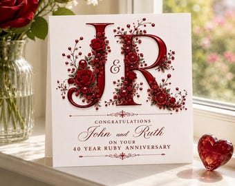 Cartão de Bodas de Rubi | Cartão Personalizado de 40 Anos de Casamento | 20 x 20 cm | Cartão de Aniversário Personalizado para Pais e Avós