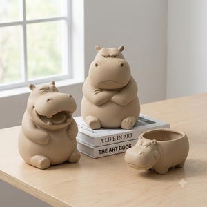 May include: Three beige ceramic hippopotamus figurines. One is laughing with an open mouth, one is sitting with arms crossed and a stern expression, and one is a low-profile planter shaped like a hippo head. They rest on two stacked books.