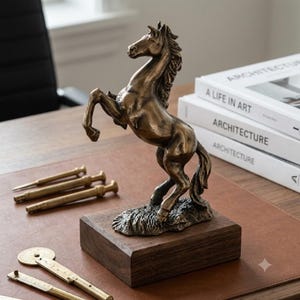 May include: A bronze-toned horse figurine in a rearing pose, mounted on a rectangular dark wood base. The sculpture features detailed musculature and a flowing mane, standing on a textured ground element attached to the wooden block.