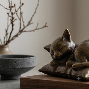 Puede incluir: Una escultura de tono bronce de un gato durmiendo sobre un cojín rectangular. El gato está acurrucado con los ojos cerrados, apoyando la cabeza en sus patas delanteras. La escultura tiene un acabado metálico texturizado sobre una base de madera.