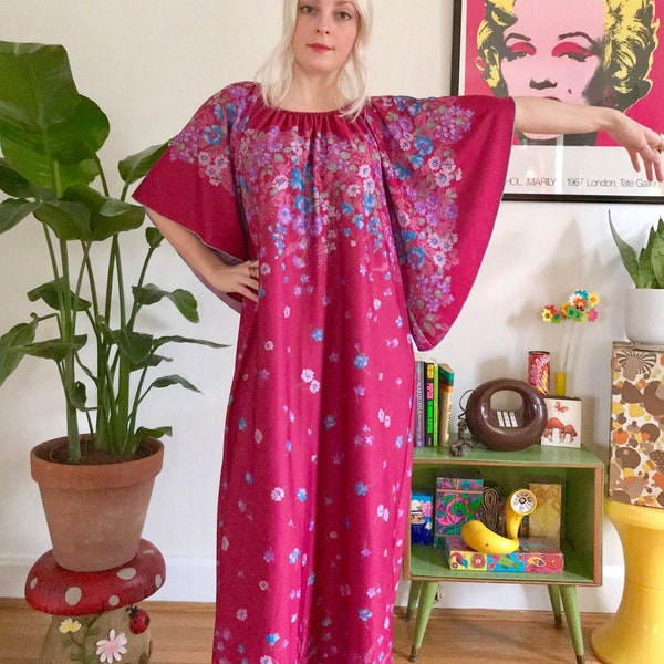 Vintage 1970s angel sleeve floral maxi dress OSFM maroon garden print retro 1970s loungewear bell sleeve caftan festival dress